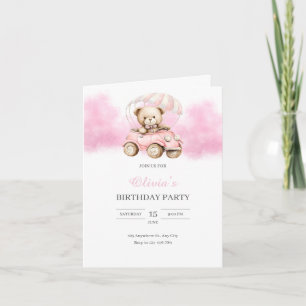 Cute Watercolor Teddy Bear in Pink Car Birthday Invitation
