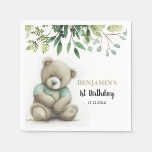 Cute Watercolor Teddy Bear Leaves Any Age Birthday Napkin