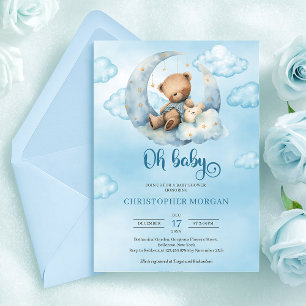 Cute Watercolor teddy bear sleeping over the moon Invitation