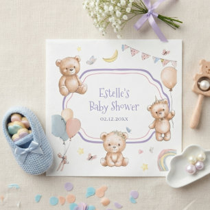 Cute Watercolor Teddy Bear Stars Moon Baby Shower Napkin