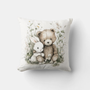 Cute Watercolor Teddy Bear with Rabbit Cushion