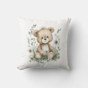 Cute Watercolor Teddy Bear with Wildflowers Cushion