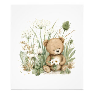 Cute Watercolor Teddy Bear with Wildflowers Photo Print