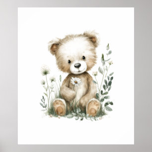Cute Watercolor Teddy Bear with Wildflowers Poster