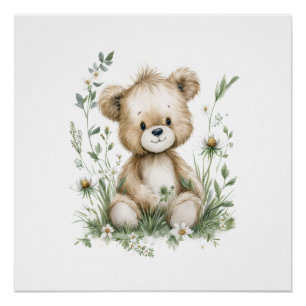 Cute Watercolor Teddy Bear with Wildflowers Poster