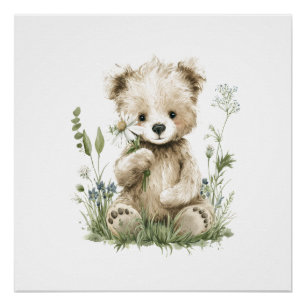 Cute Watercolor Teddy Bear with Wildflowers Poster