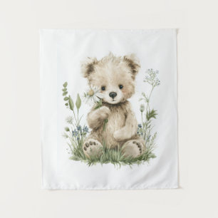 Cute Watercolor Teddy Bear with Wildflowers Tapestry