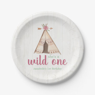 Cute Watercolor Teepee Boho 1st Birthday Paper Plate