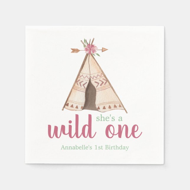 Cute Watercolor Teepee Wild One 1st Birthday Napkin (Front)