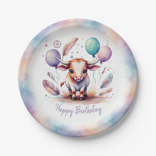 Cute Watercolor Texas Longhorn Balloons Birthday Paper Plate