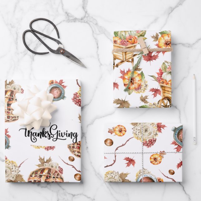 Cute Watercolor Thanksgiving Pattern Three Pack Wrapping Paper Sheet (Front)