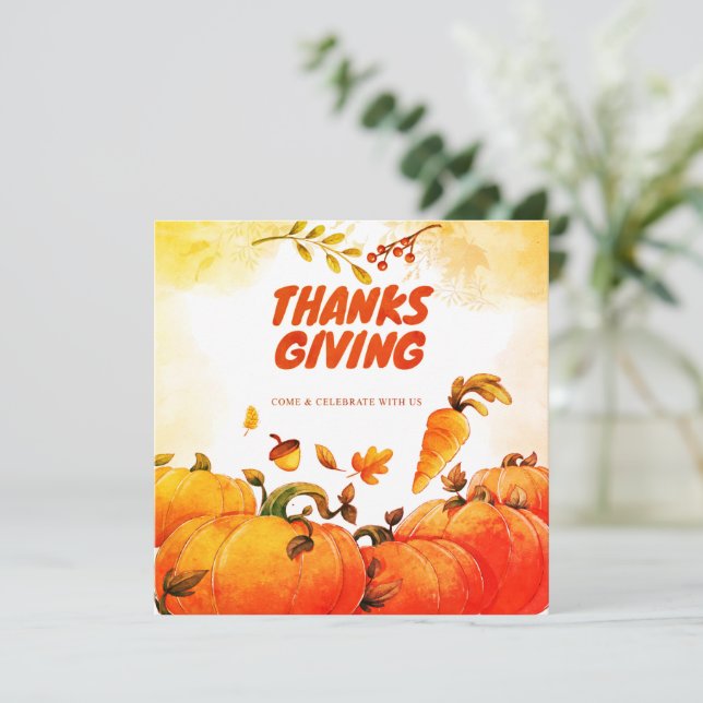 Cute Watercolor Thanksgiving with Cute Pumpkin Invitation (Standing Front)