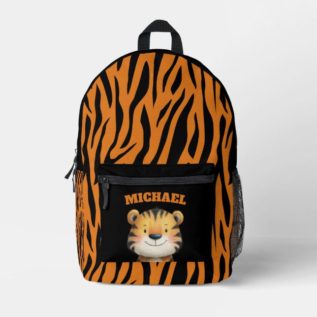 Cute Watercolor Tiger Cub Stripe Pattern Name  Printed Backpack (Front)