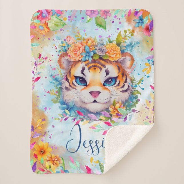 Cute Watercolor Tiger with flowers  Sherpa Blanket (Front)