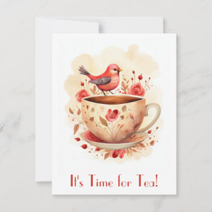 Cute Watercolor Time for Tea Bird Floral Card