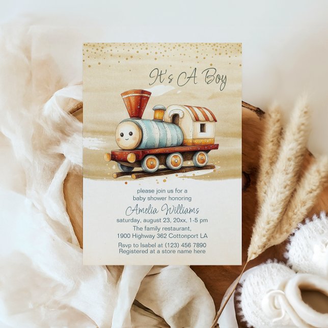 Cute Watercolor Train Its A Boy Baby Shower Invitation (Creator Uploaded)