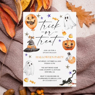 Cute Watercolor Trick or Treat Halloween Party Invitation