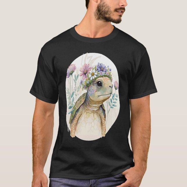 Cute Watercolor Turtle Flower Crown Sea Animal T-Shirt (Front)