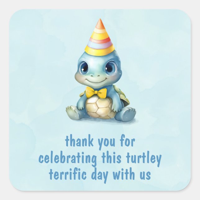 Cute watercolor turtle kids birthday square sticker (Front)