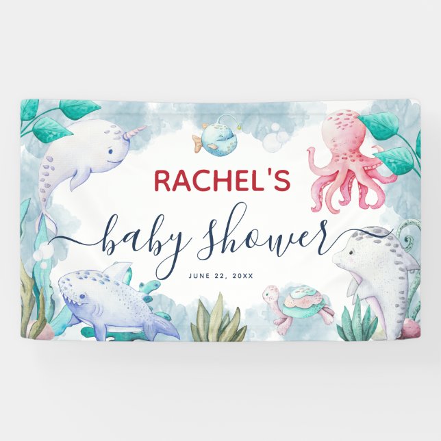 Cute Watercolor Under the Sea Baby Shower Banner (Horizontal)