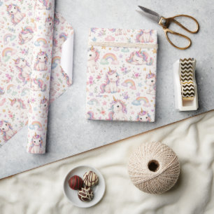 Cute Watercolor Unicorn and Rainbow Wrapping Paper