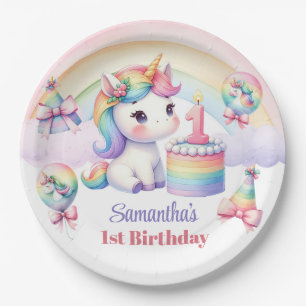Cute watercolor unicorn with cake 1st birthday paper plate