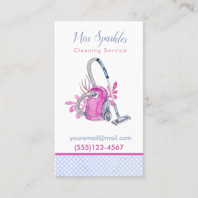 Cute Watercolor Vacuum House Cleaning Service Business Card (Front)
