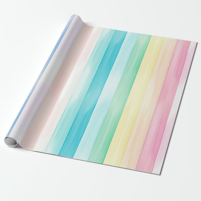 Cute Watercolor Vertical Pastel Rainbow Stripes Wrapping Paper (Unrolled)