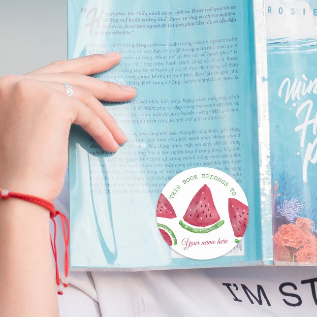 Cute Watercolor Watermelon  Custom Name Bookplate Classic Round Sticker (Cute Watercolor Watermelon Custom Name Bookplate
)