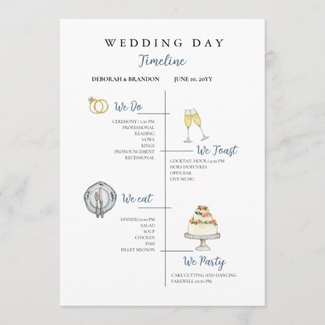 Cute Watercolor Wedding day Timeline Flat Program (Front)