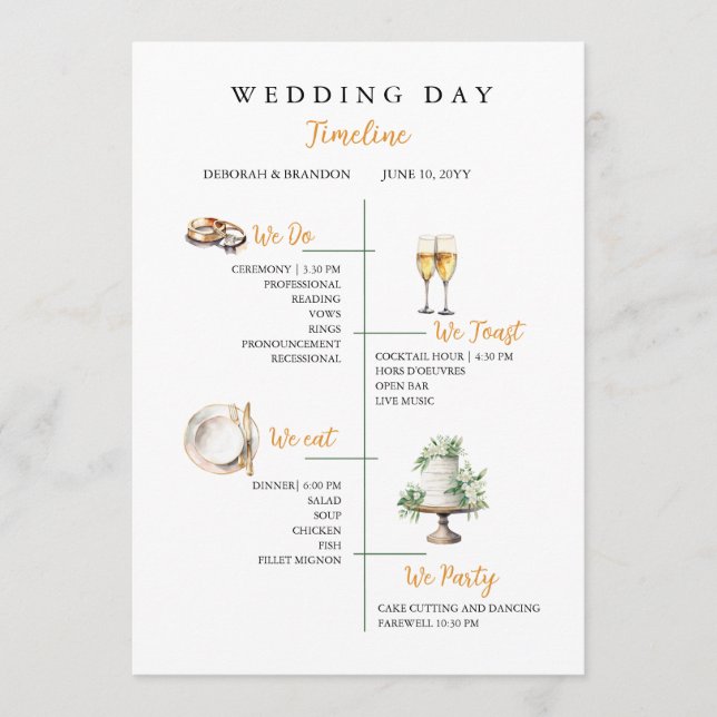 Cute Watercolor Wedding day Timeline Flat  Program (Front)
