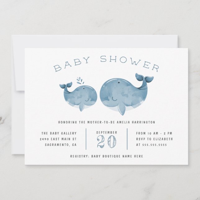 Cute Watercolor Whale Boy's Blue Baby Shower Invitation (Front)