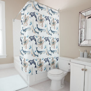 Cute Watercolor Whale/Octopus Shower Curtain