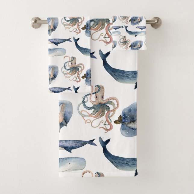 Cute Watercolor Whale/Octopus Towel Set (Insitu)