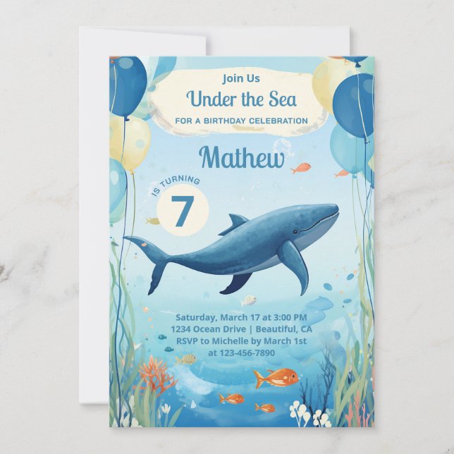 Cute Watercolor Whale Under the Sea Ocean Birthday Invitation (Front)