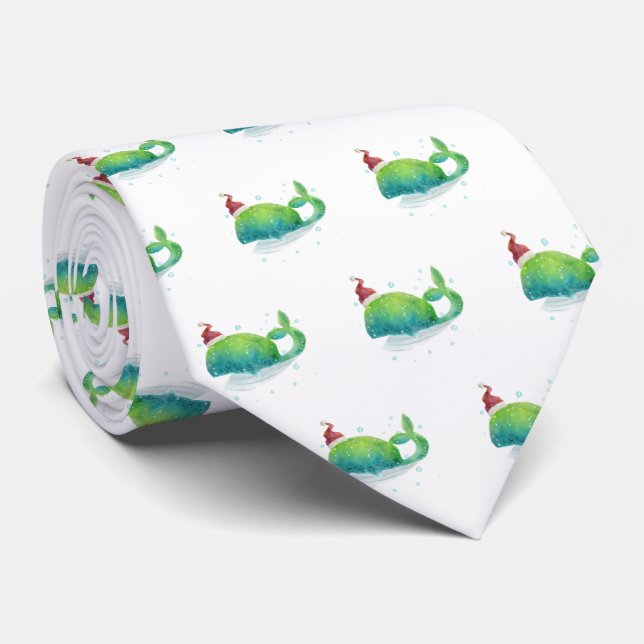 Cute Watercolor Whale with Santa Hat Tie (Rolled)