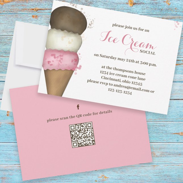 Cute Watercolor Whimsical Ice Cream Social QR Code Invitation (Creator Uploaded)