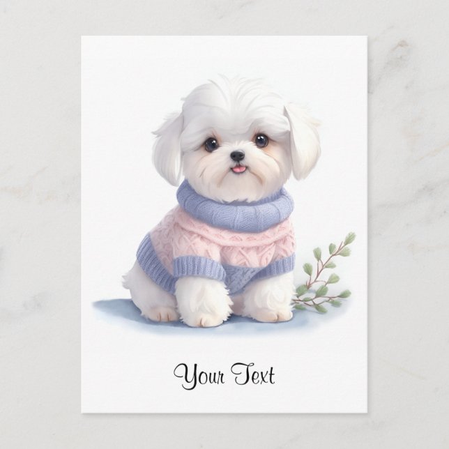 Cute Watercolor White Maltese Puppy Dog Personised Postcard (Front)