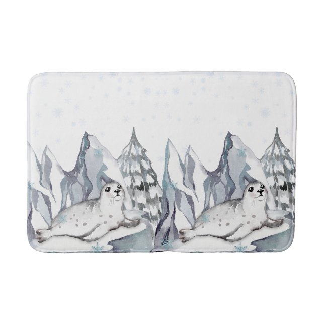 Cute Watercolor White Seal Pine Trees Snowflakes Bath Mat (Front)