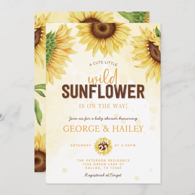 Cute Watercolor Wild Sunflower Baby Shower Invitation (Front/Back)