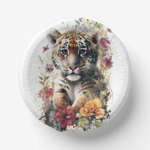 Cute Watercolor Wild Tiger Cub Kids Birthday Paper Plate