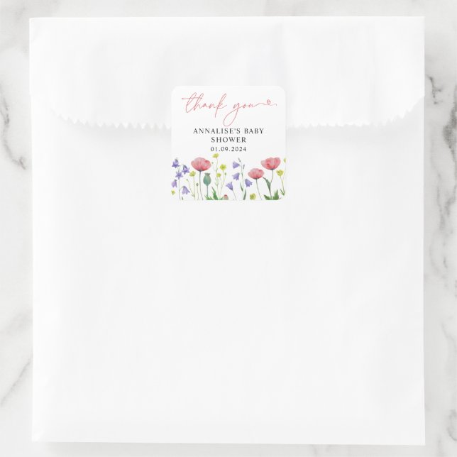 Cute Watercolor Wildflower Baby Shower Thank You  Square Sticker (Bag)