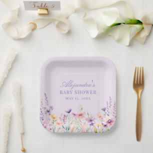 Cute Watercolor Wildflower Butterfly Baby Shower Paper Plate