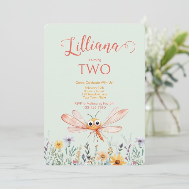 Cute Watercolor Wildflower Dragonfly Girl Birthday Invitation (Standing Front)
