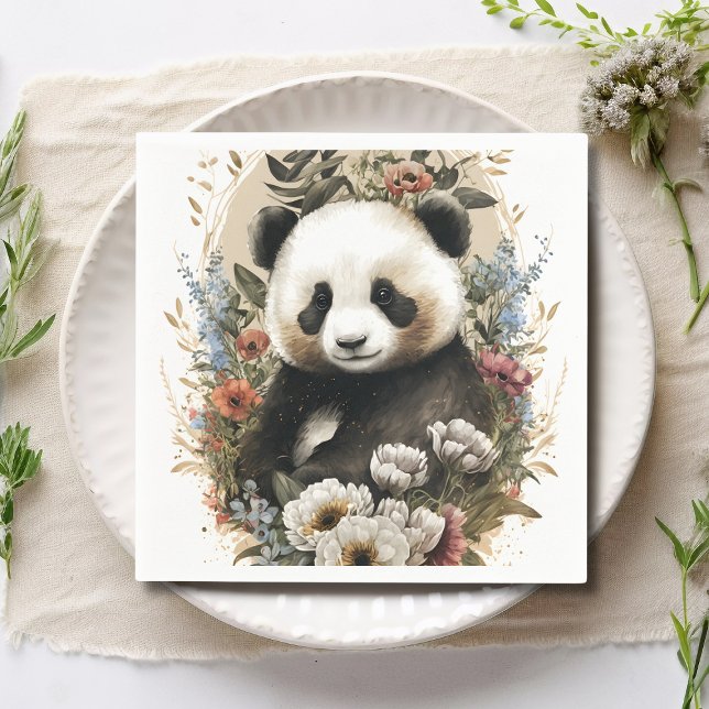 Cute Watercolor Wildflower Panda Bear Birthday Napkin (Creator Uploaded)