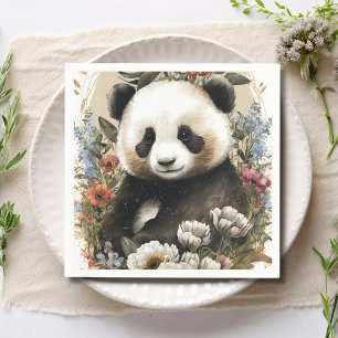 Cute Watercolor Wildflower Panda Bear Birthday Napkin