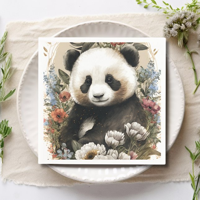 Cute Watercolor Wildflower Panda Bear Birthday Napkin (Creator Uploaded)