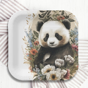 Cute Watercolor Wildflower Panda Bear Birthday Paper Plate