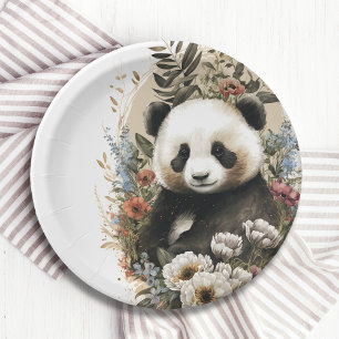 Cute Watercolor Wildflower Panda Bear Birthday Paper Plate