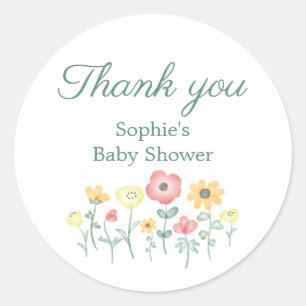 Cute Watercolor Wildflowers Baby Shower Thank you  Classic Round Sticker
